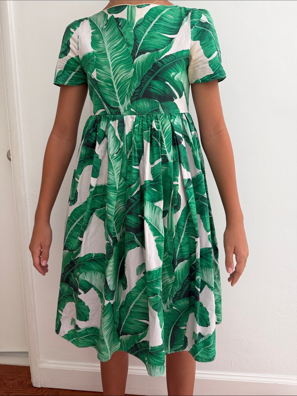 Dolce & Gabbana White Dress with Green Tropical Leaf Print